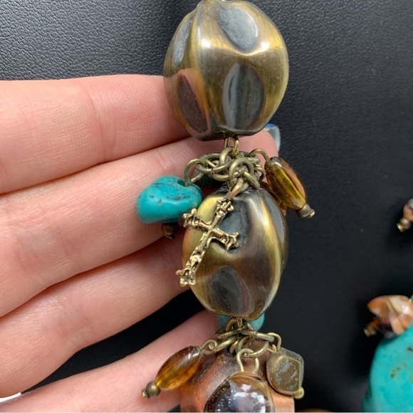 Religious Cross Chunky Brown and Blue Statement Necklace - Picture 8 of 10